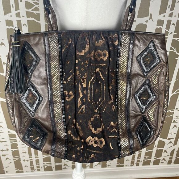Sharif Vtg 80s Leather Mixed Media Patchwork Shoulder Bag Brown, Black, Copper - Picture 1 of 13